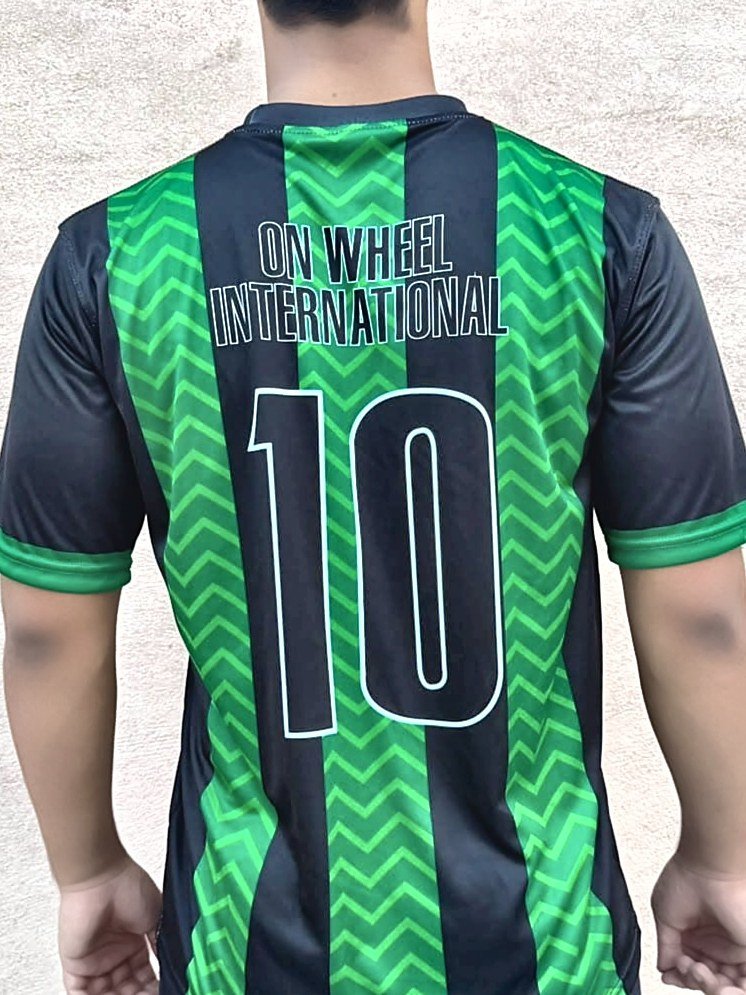 Green and black striped match jersey with number 10, custom made in Sialkot