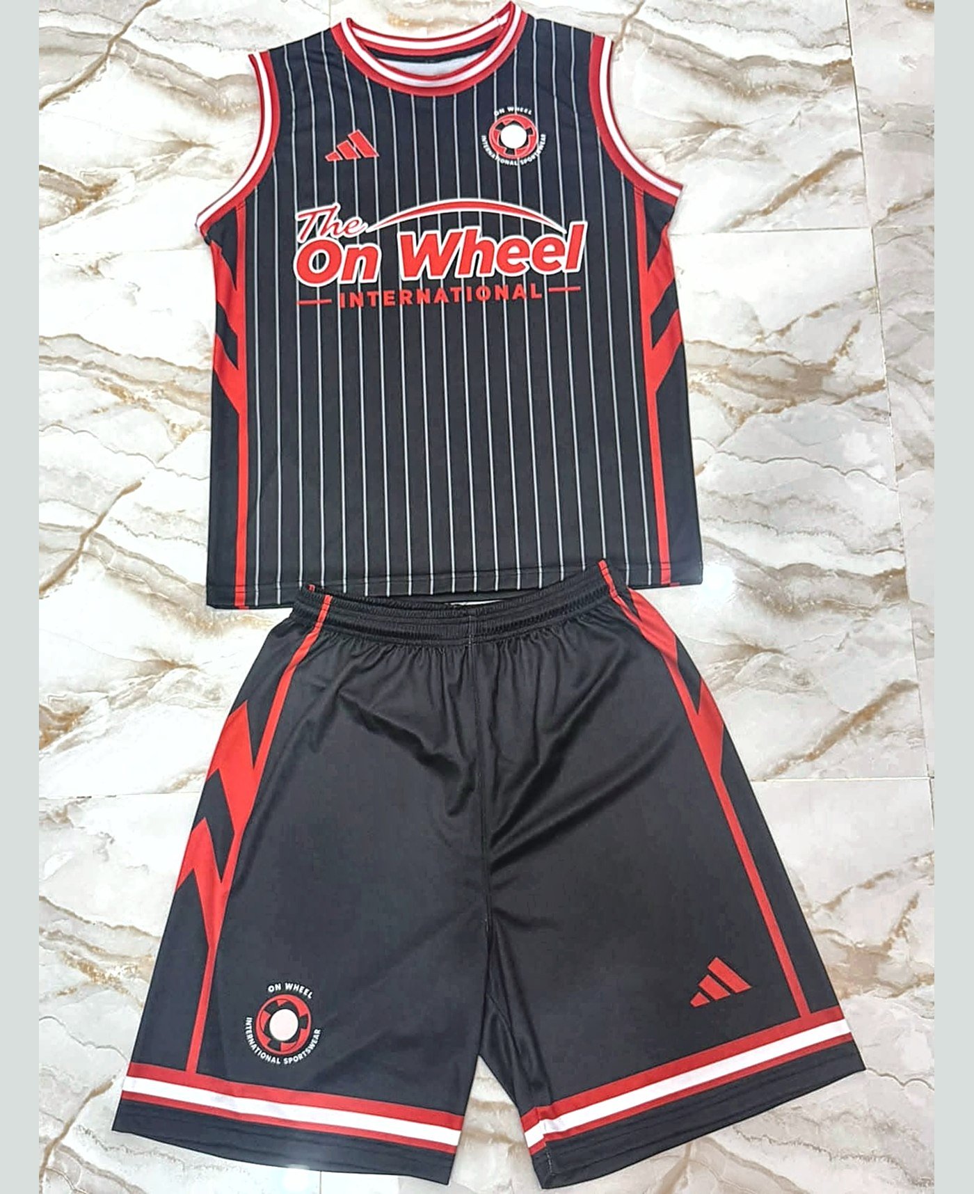 Custom vest & short set — our own range — made and photographed in sialkot — On Wheel International, Sialkot