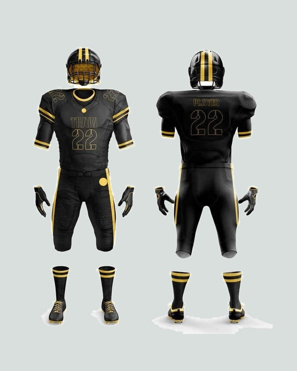 Game uniform — Black / gold, tonal print — American football uniform by On Wheel International, Sialkot