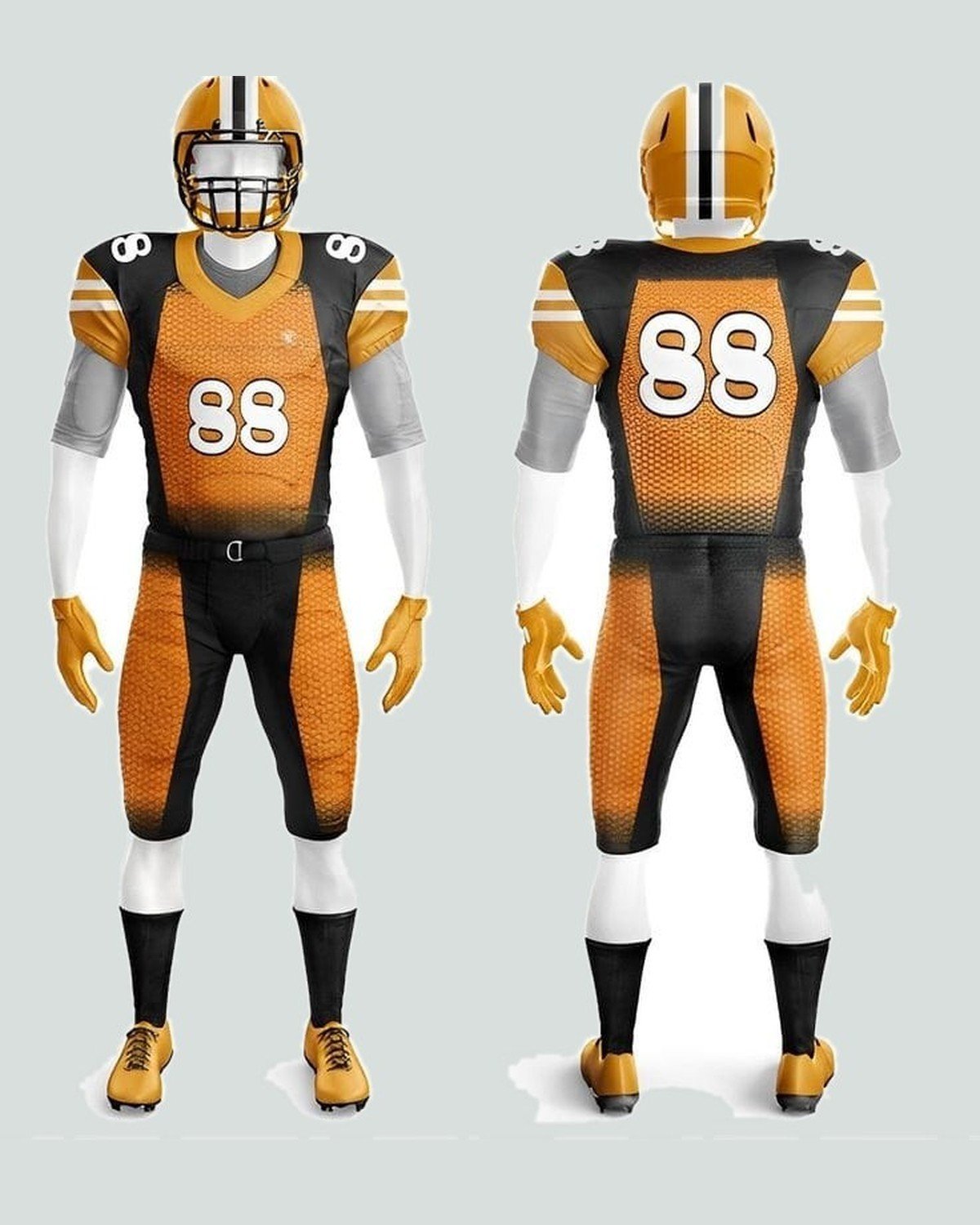 Game uniform — Gold / black, honeycomb sublimation — American football uniform by On Wheel International, Sialkot