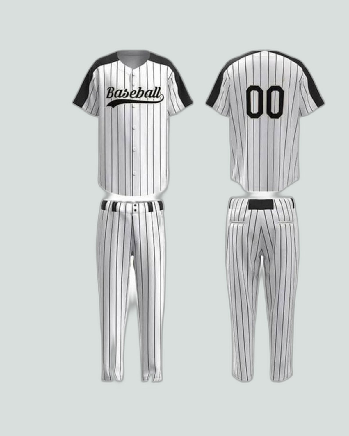 Jersey & pant set — White pinstripe / black, full button front — baseball uniform by On Wheel International, Sialkot