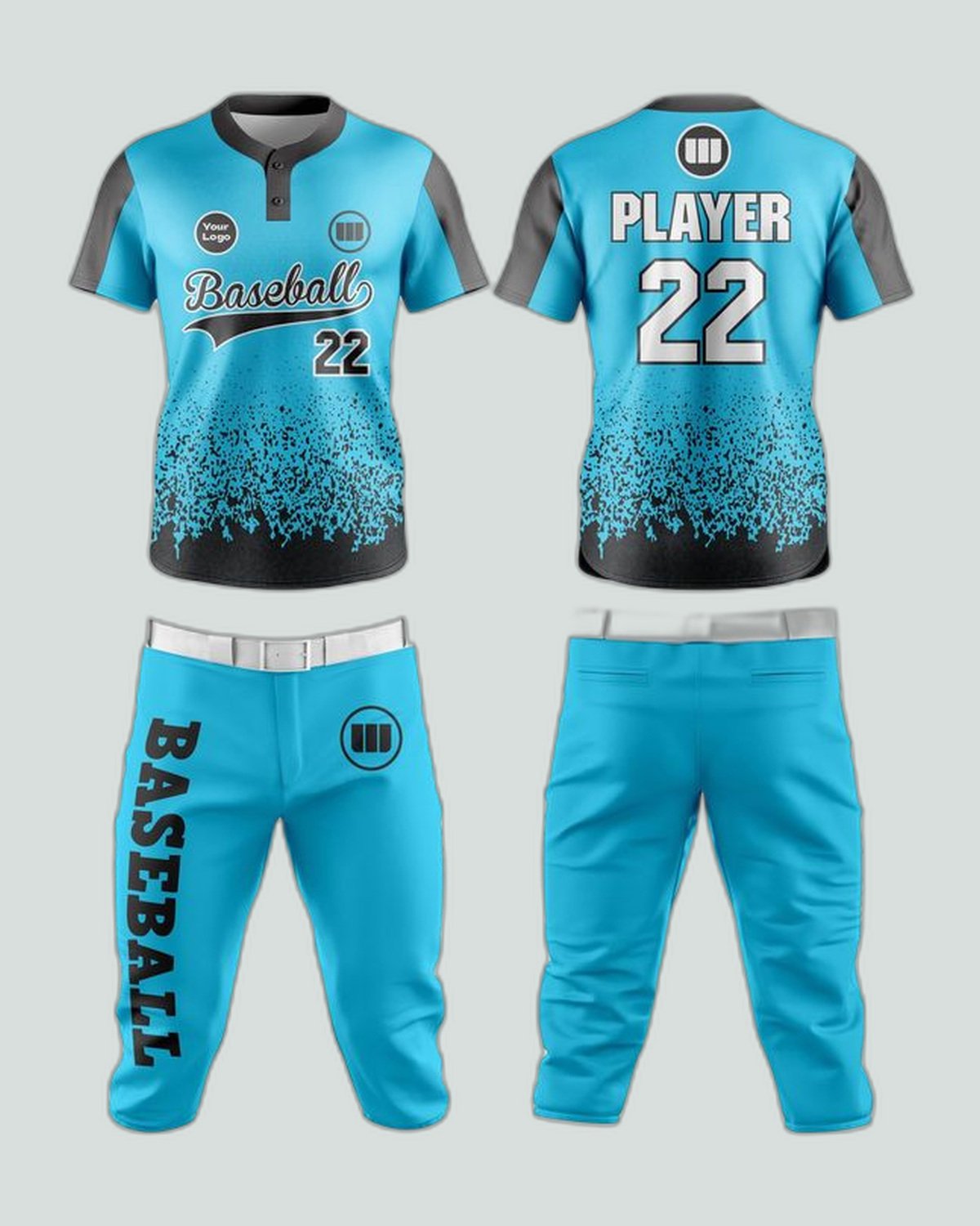 Jersey & pant set — Cyan / black, two-button henley, speckle print — baseball uniform by On Wheel International, Sialkot