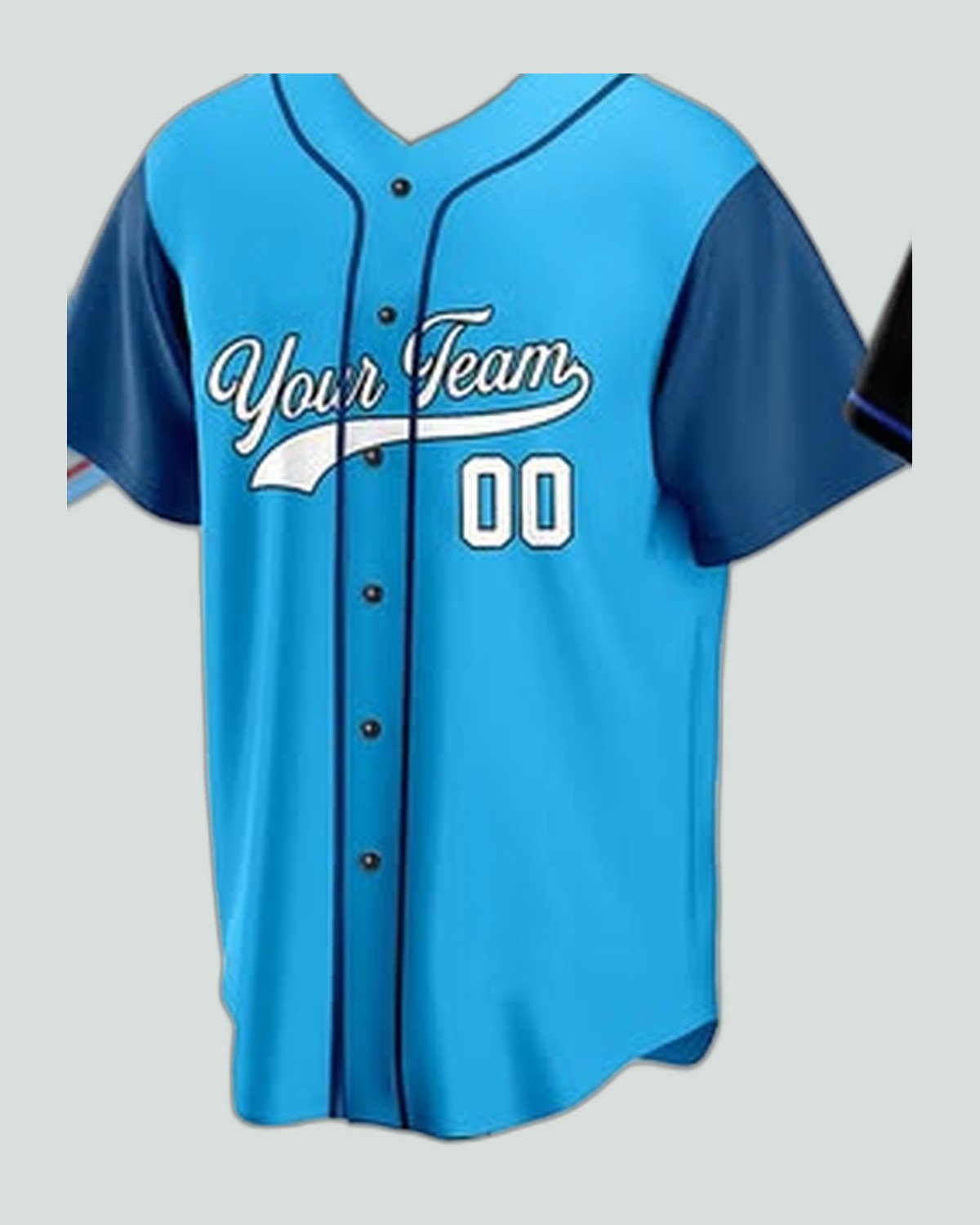 Jersey — Cyan body, navy raglan sleeve — baseball uniform by On Wheel International, Sialkot