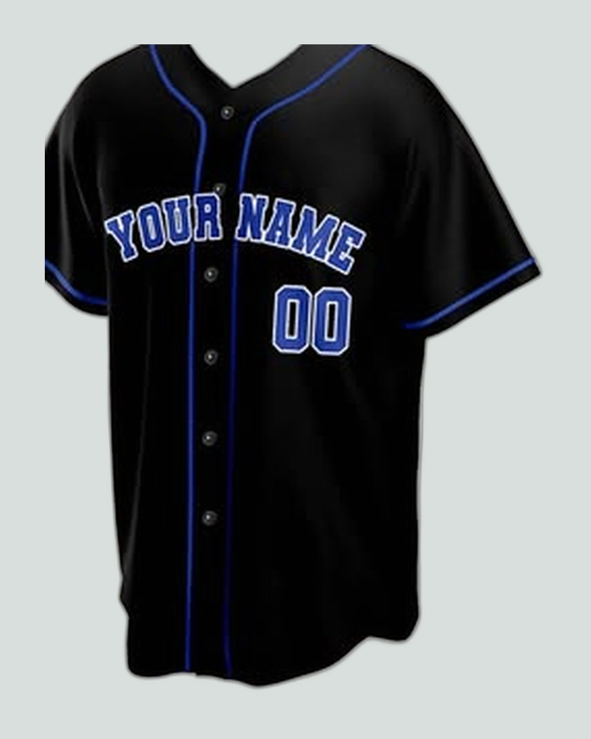 Jersey — Black, royal outline lettering — baseball uniform by On Wheel International, Sialkot