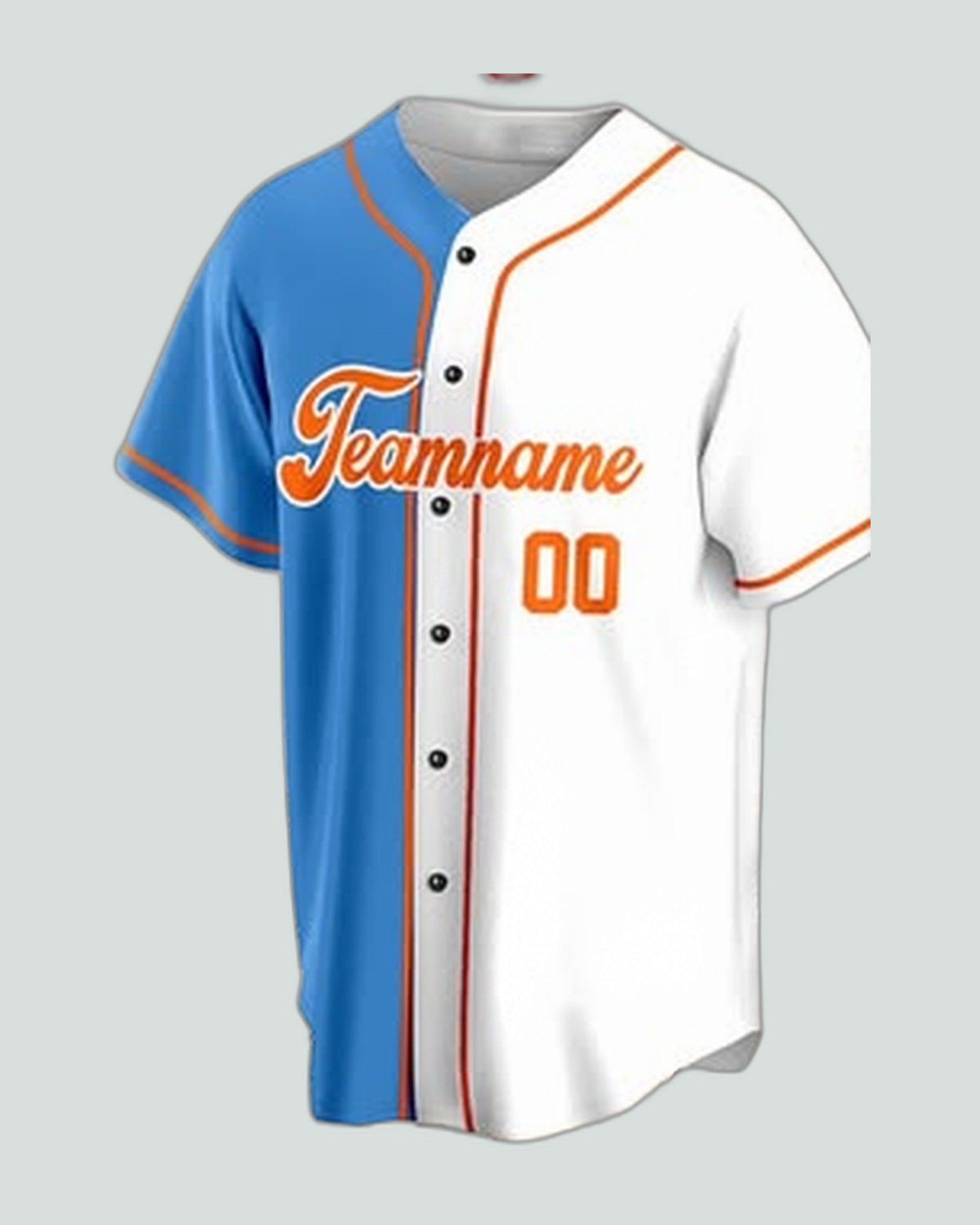 Jersey — Split blue / white, orange script — baseball uniform by On Wheel International, Sialkot