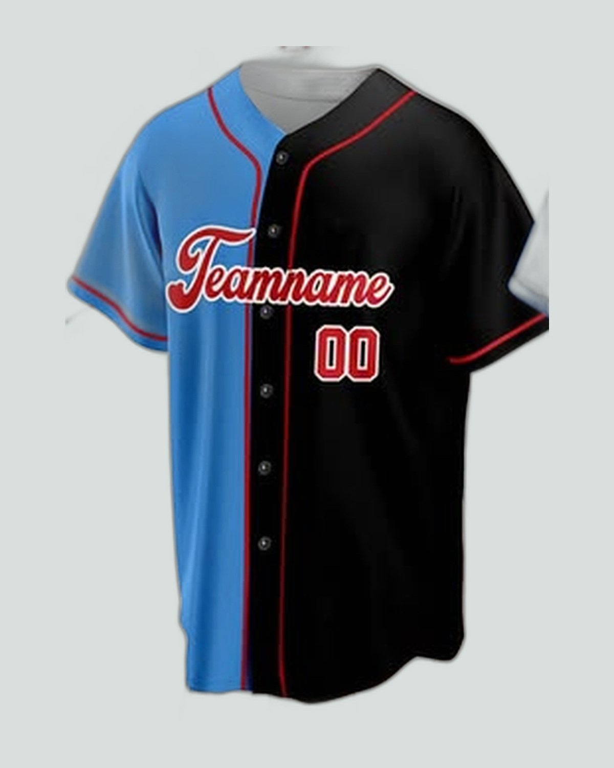 Jersey — Split blue / black, red script — baseball uniform by On Wheel International, Sialkot