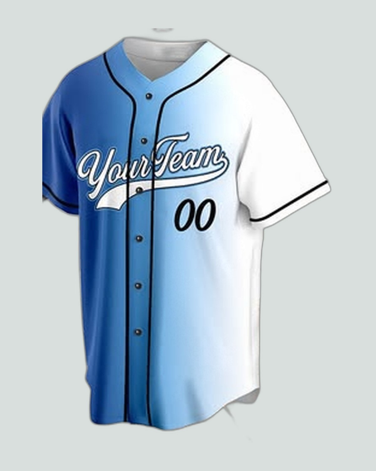 Jersey — Split sky / white, black trim — baseball uniform by On Wheel International, Sialkot