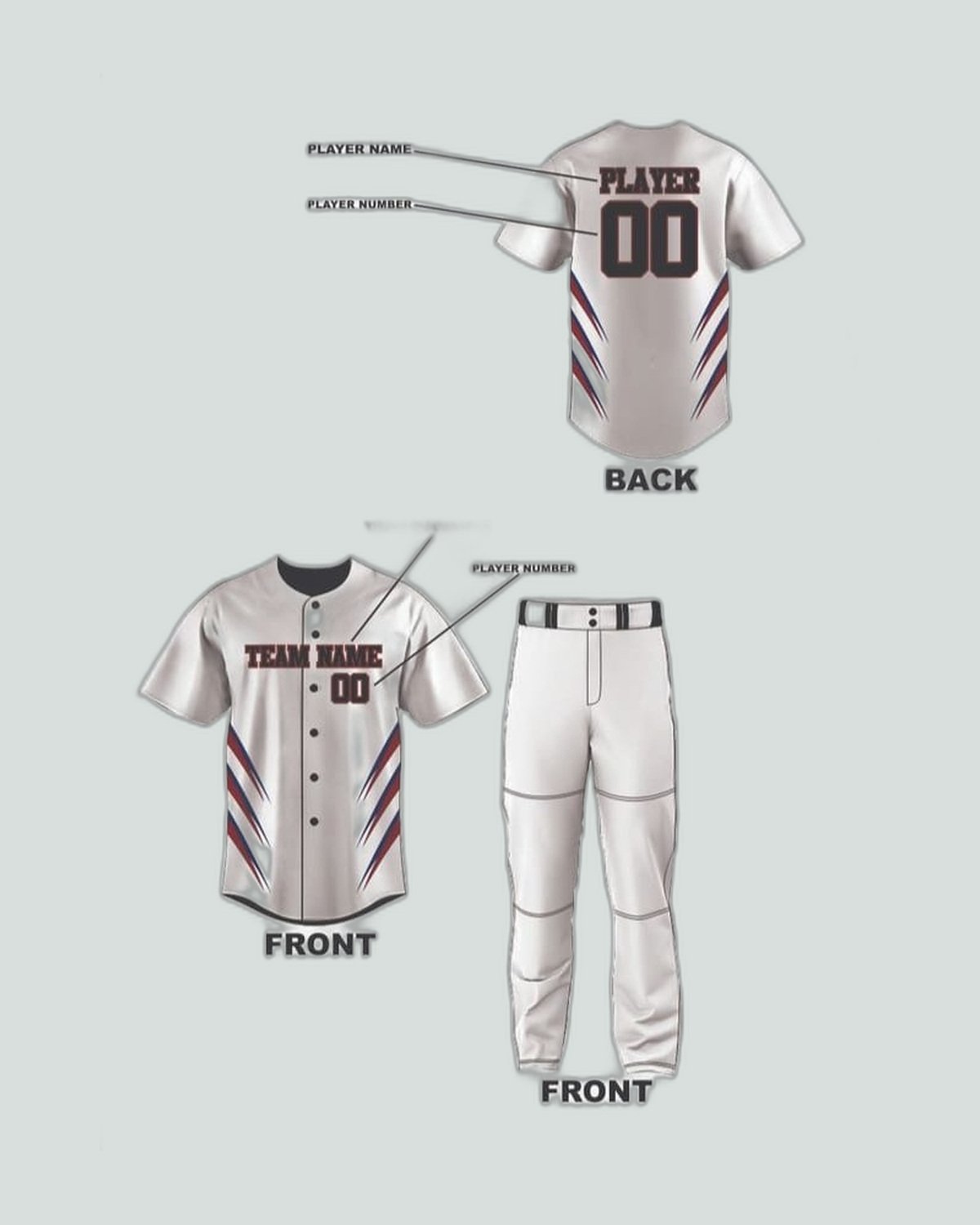 Design template — Where team name, player name and number sit — baseball uniform by On Wheel International, Sialkot