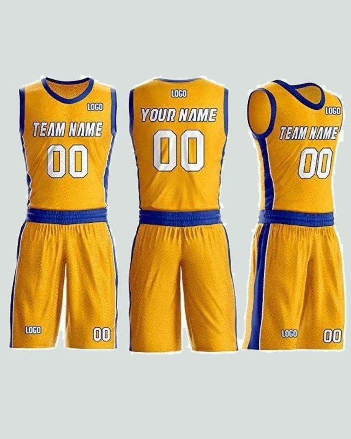 Vest & short set — Gold / royal, team name and number — basketball kit by On Wheel International, Sialkot