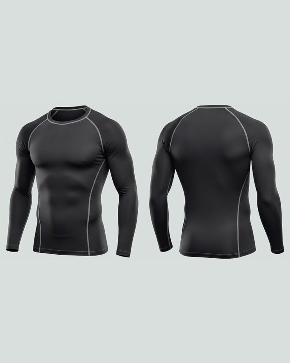 Compression shirt — long sleeve — Black, contrast flatlock stitch — front and back — On Wheel International, Sialkot